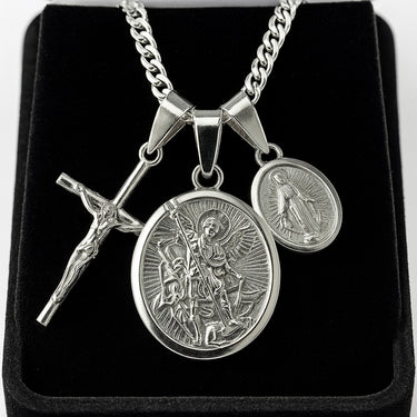 925 Silver Microlomo Chain with 950 Silver Charms – Cross, Archangel Michael and Virgin